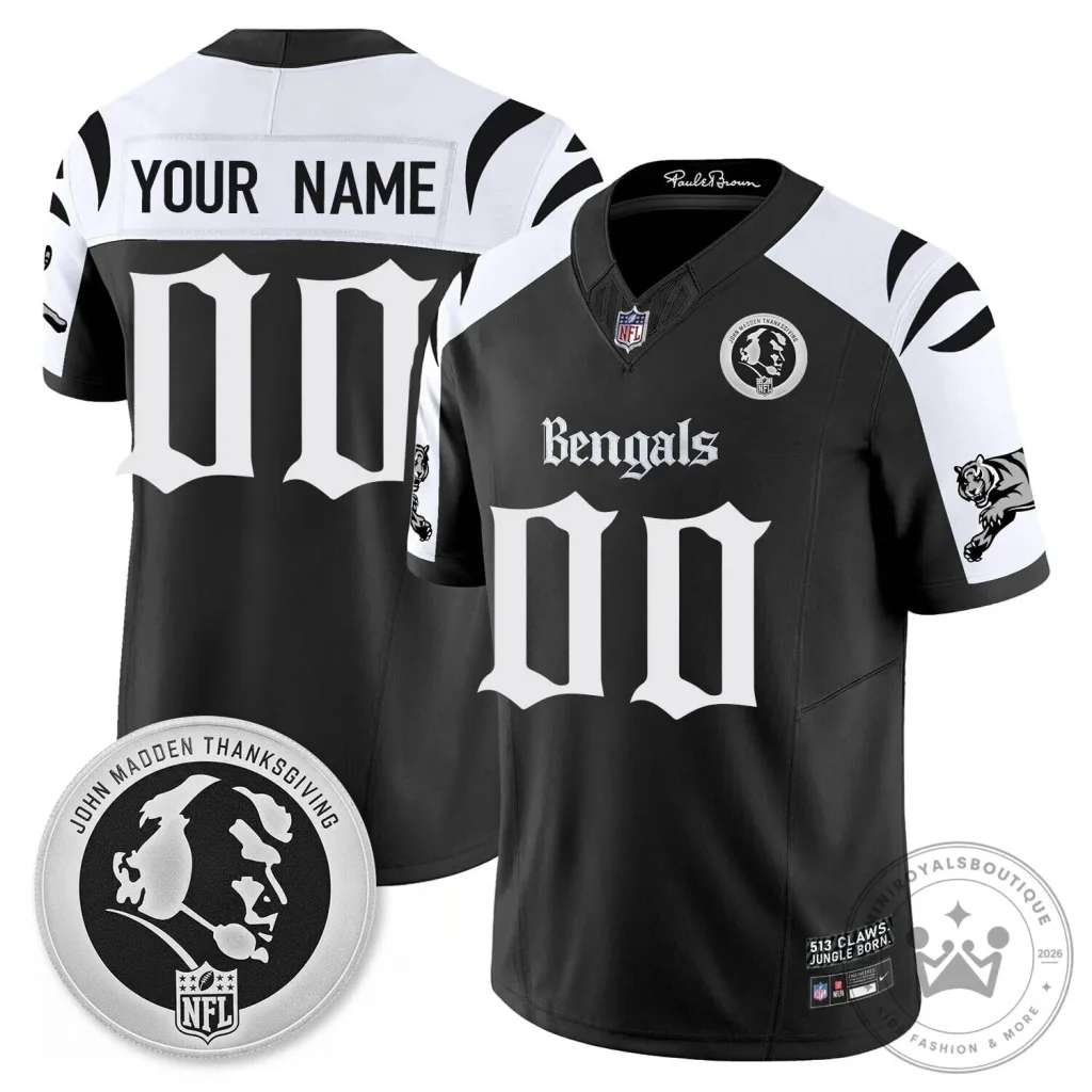 John Madden Thanksgiving Cincinnati Bengals Black and White Custom Football Jersey 16 John Madden Thanksgiving Cincinnati Bengals Black and White Custom Football Jersey