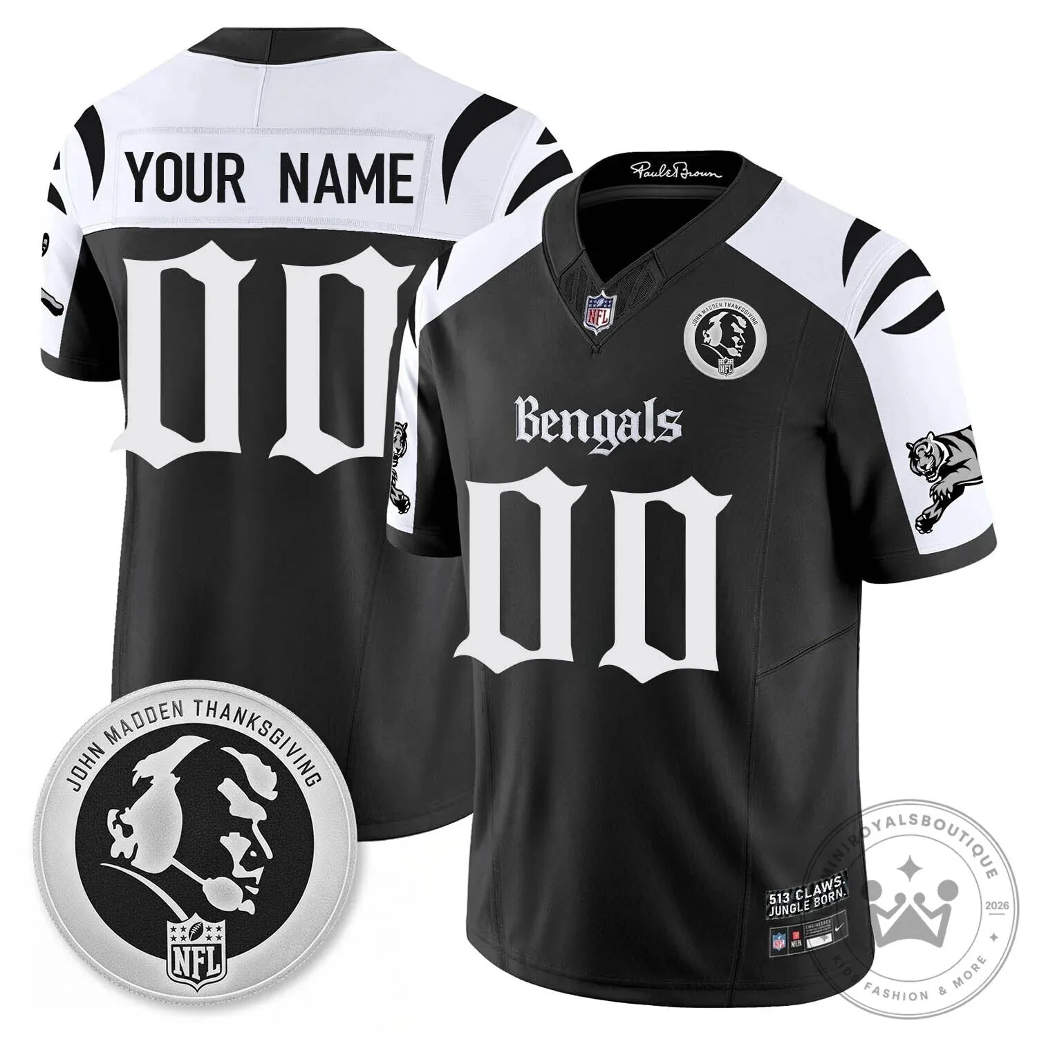 John Madden Thanksgiving Cincinnati Bengals Black and White Custom Football Jersey