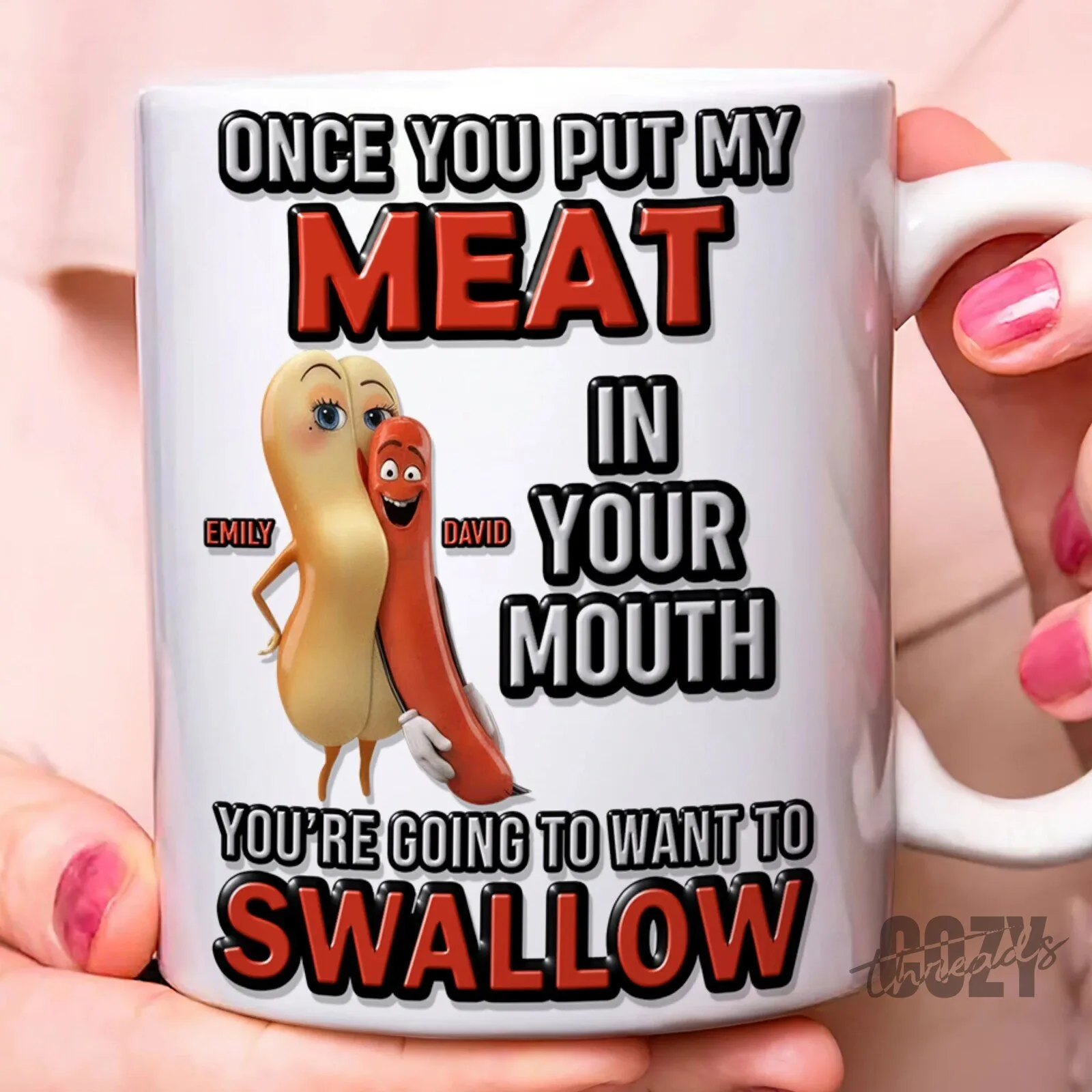 Funny Sausage Couple Personalized Coffee Mug - Naughty Meat In Your Mouth Swallowing Joke