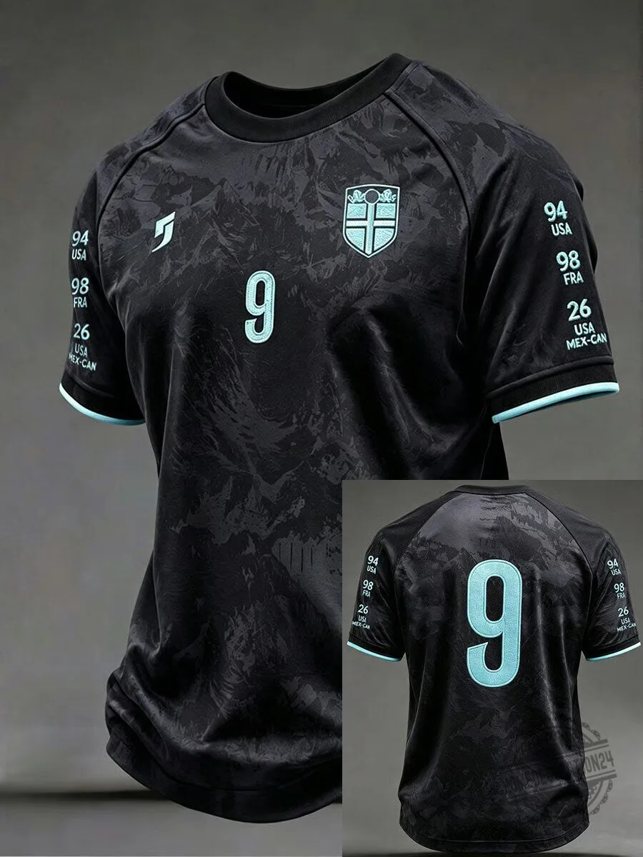 Black Soccer Football Kit Jersey with Light Blue Accents and Number Nine