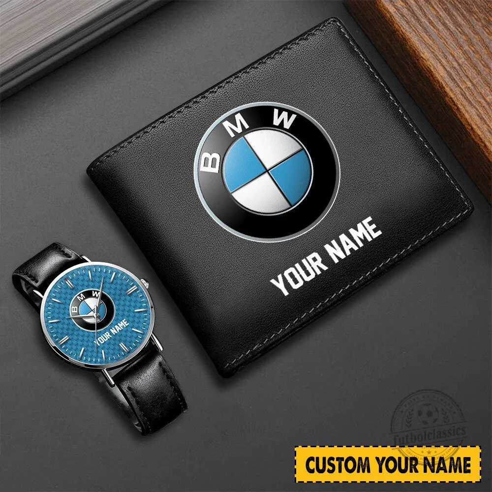Personalized BMW Car Logo Black Leather Wallet and Watch Set