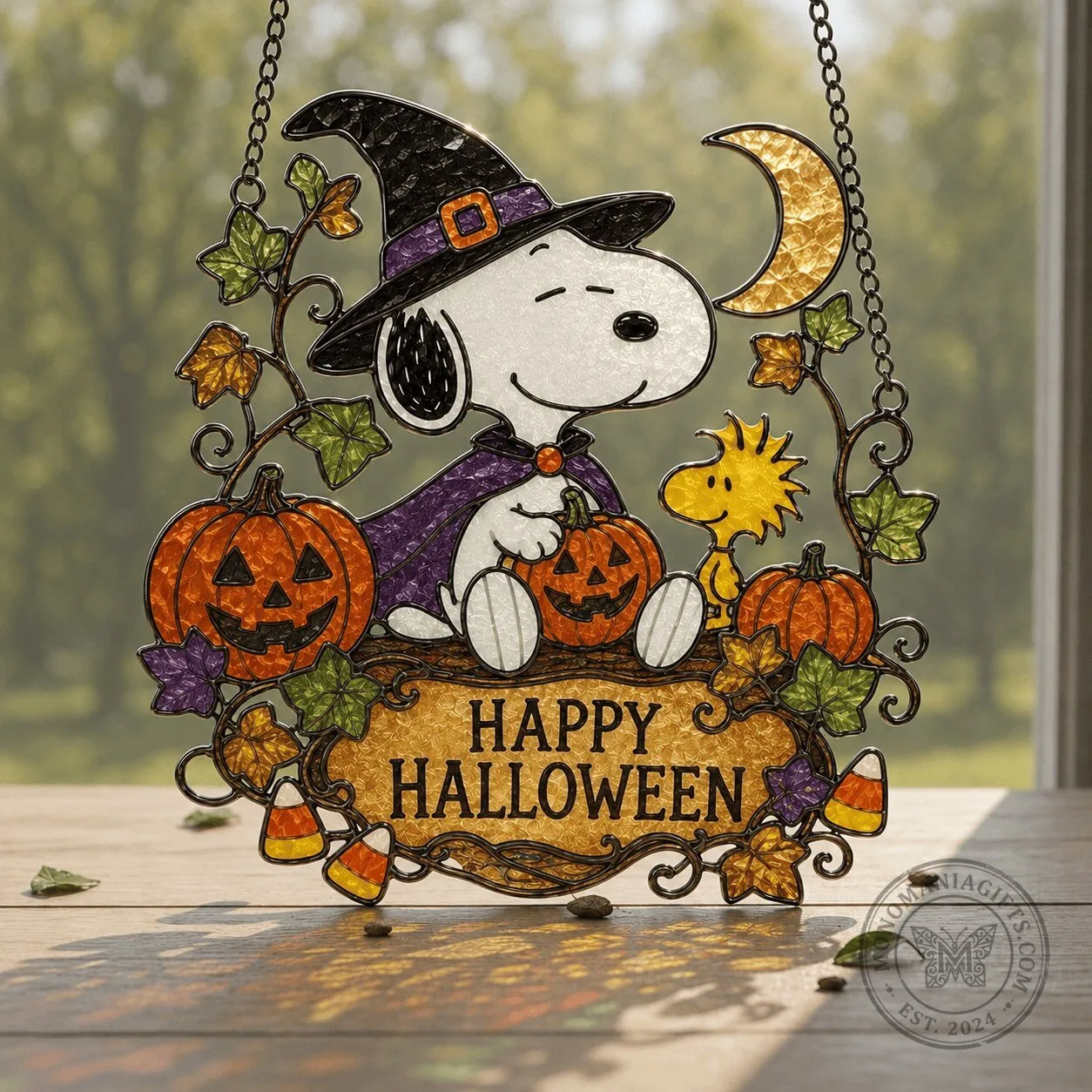 Snoopy and Woodstock Happy Halloween Stained Glass Window Suncatcher Decor