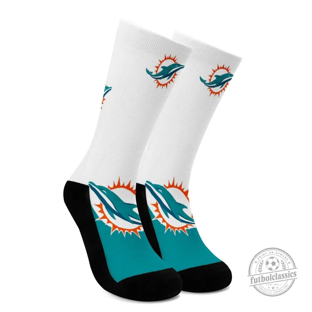 Miami Dolphins NFL Football Team Logo White and Aqua Crew Socks Miami Dolphins NFL Football Team Logo White and Aqua Crew Socks