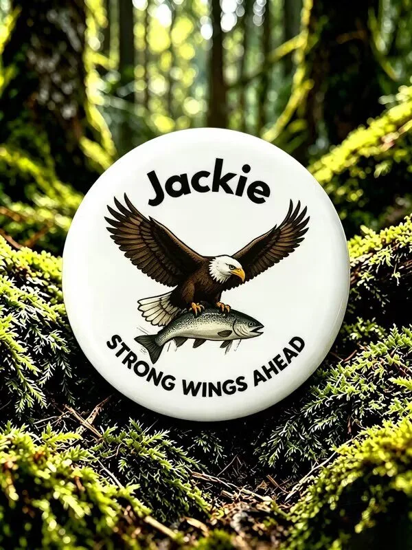 Personalized Jackie Bald Eagle Fishing Strong Wings Ahead Pin Button