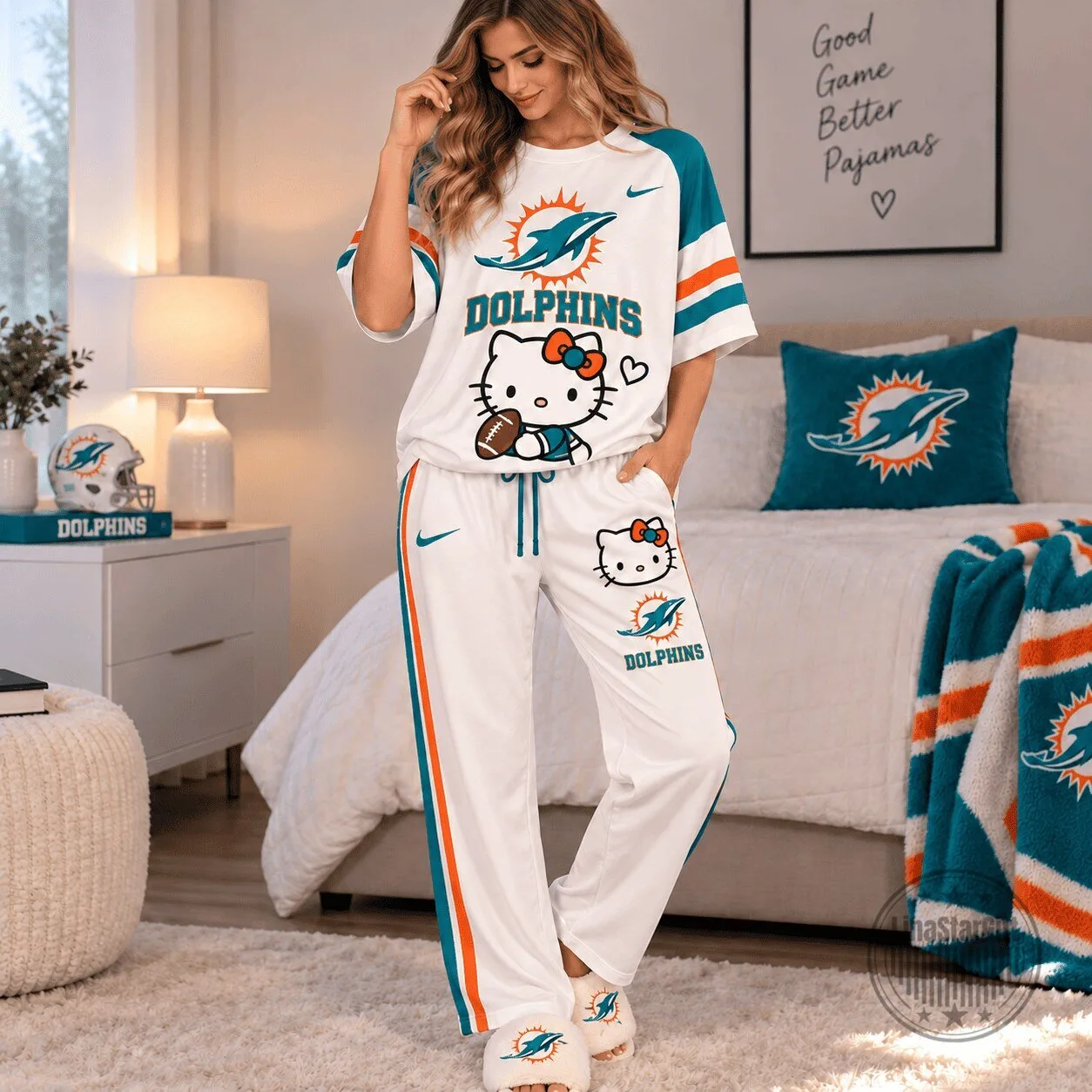 Miami Dolphins Hello Kitty Football Game Day Pajama Set 1 Miami Dolphins Hello Kitty Football Game Day Pajama Set