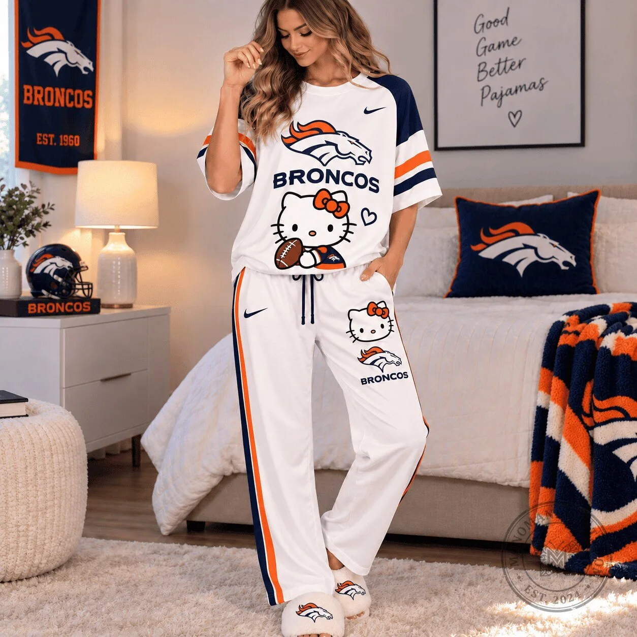 Denver Broncos Hello Kitty Women's White Game Day Pajama Set