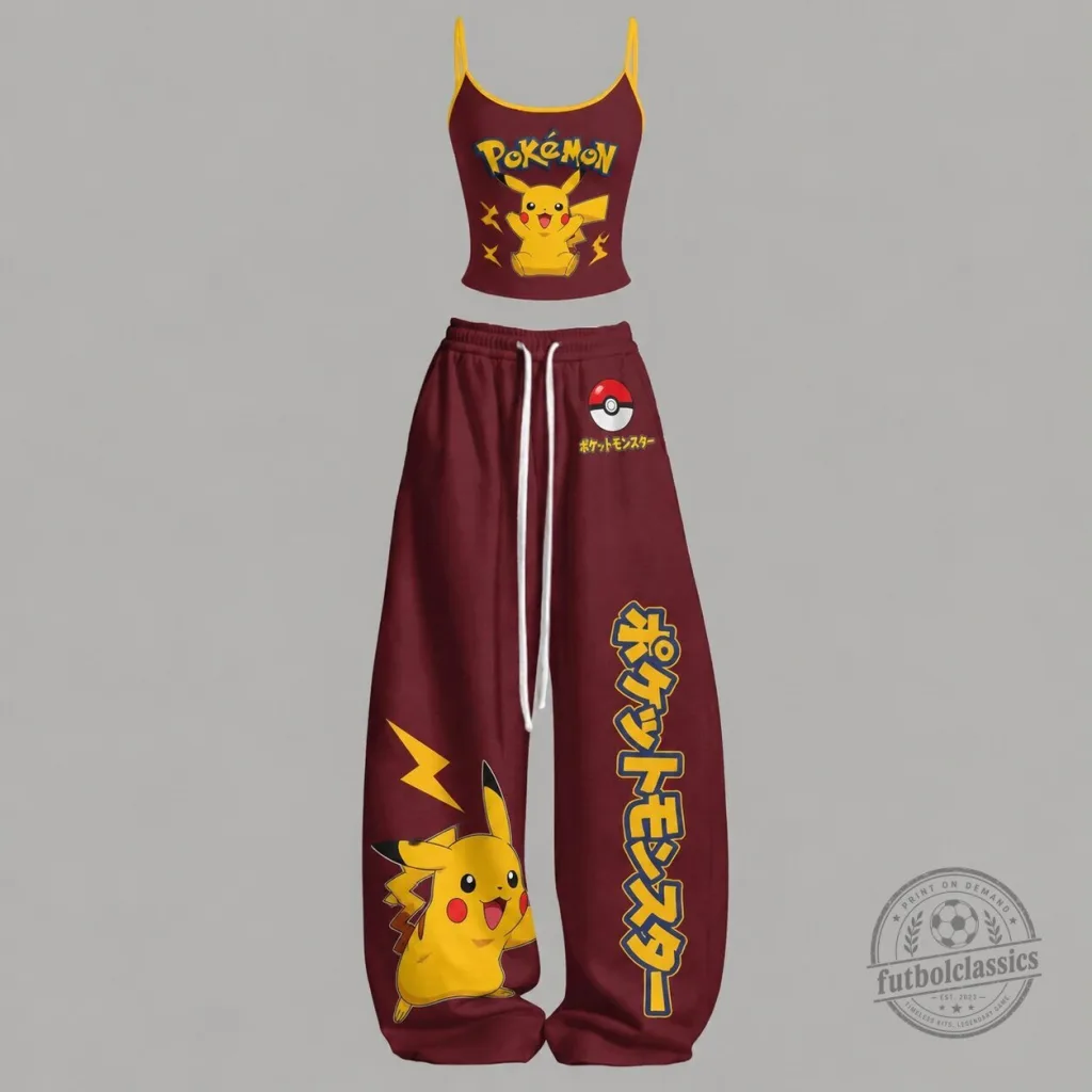 Pokemon Pikachu Graphic Print Crop Top and Wide Leg Sweatpants Set Pokemon Pikachu Graphic Print Crop Top and Wide Leg Sweatpants Set