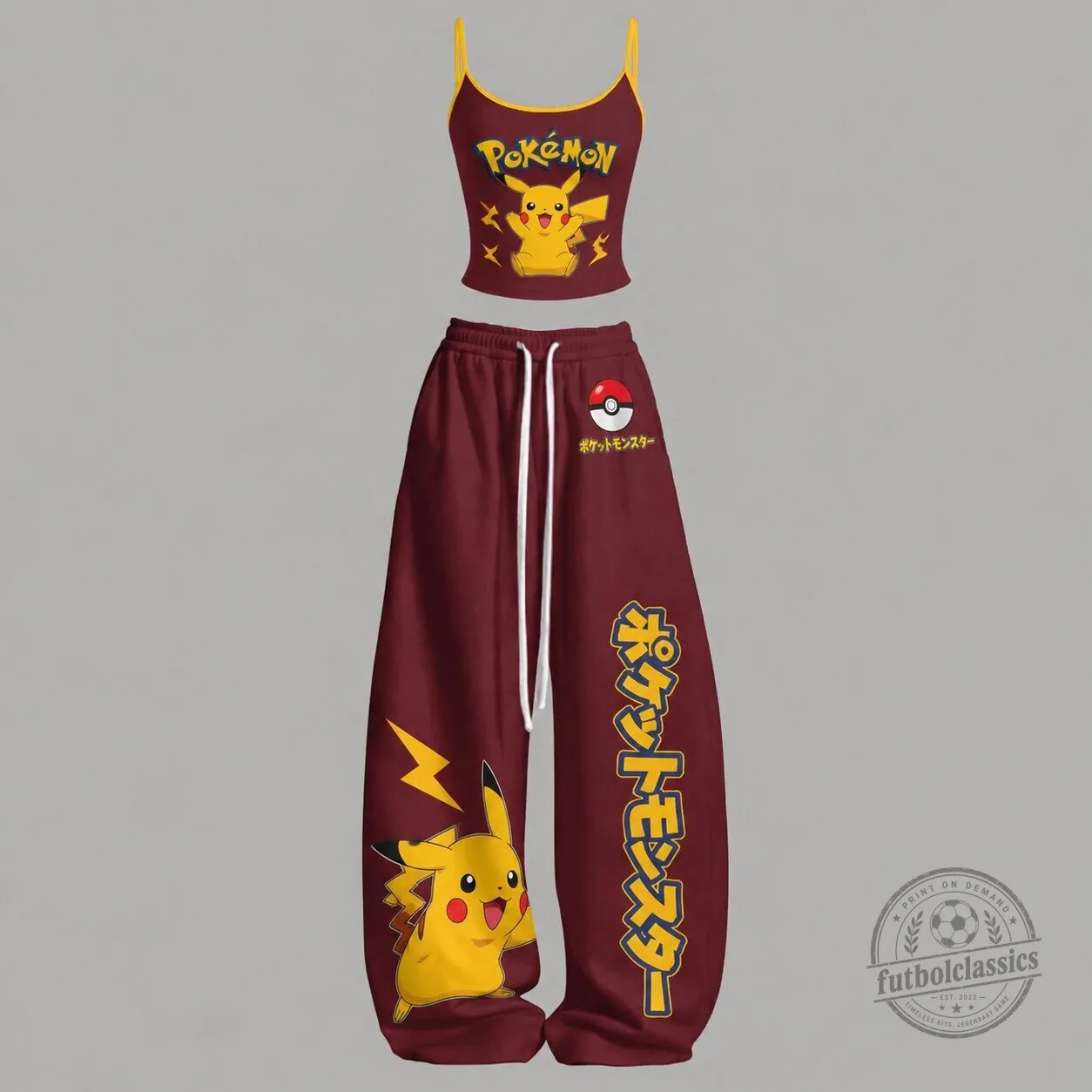 Pokemon Pikachu Graphic Print Crop Top and Wide Leg Sweatpants Set