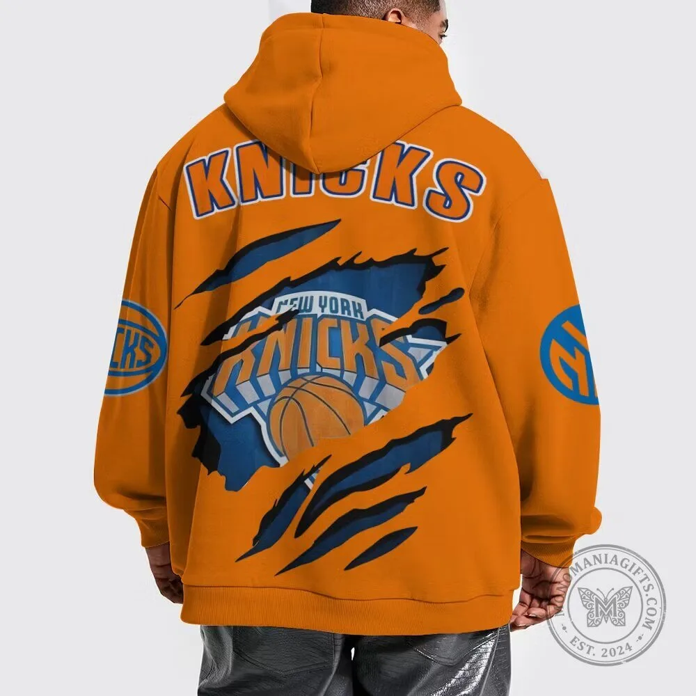 New York Knicks Basketball Ripped Effect Logo Orange Hoodie