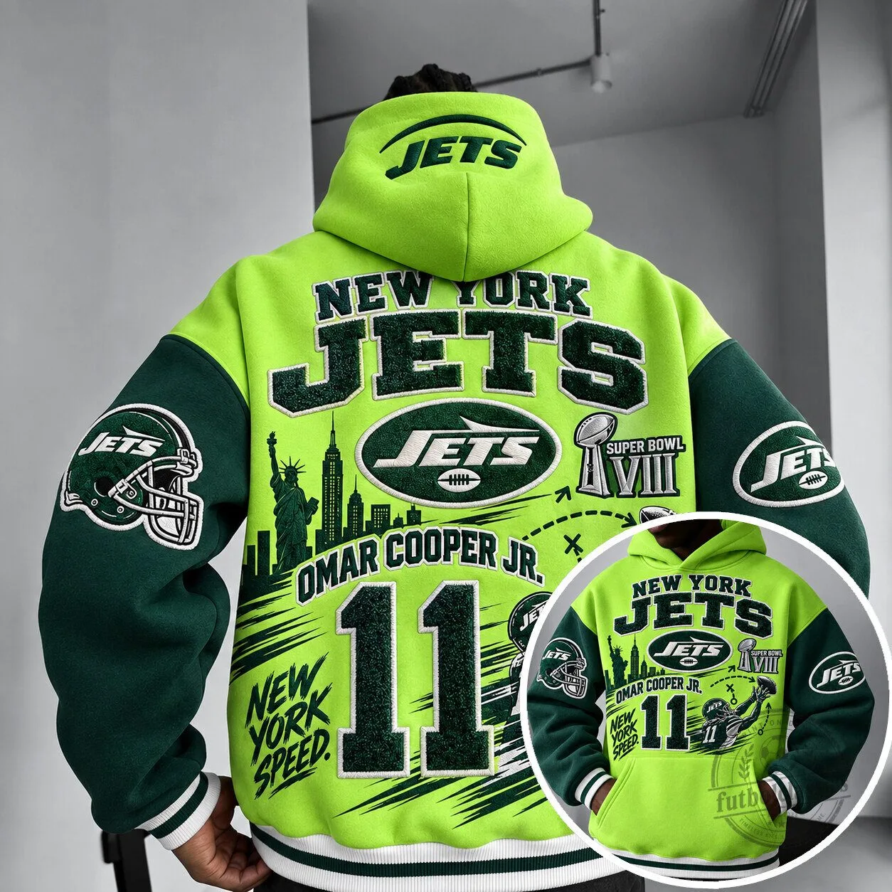 New York Jets Omar Cooper Junior Number 11 Super Bowl VIII Green Hoodie