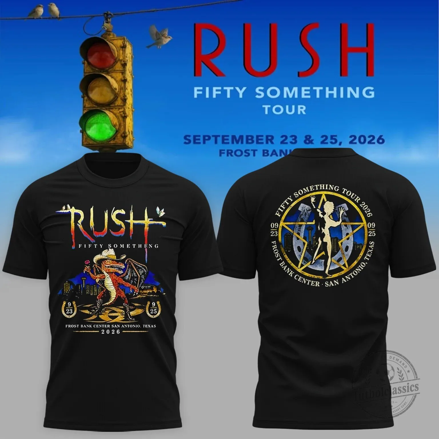 Black T-Shirt for 2026 Rush Fifty Something Concert in San Antonio, Texas