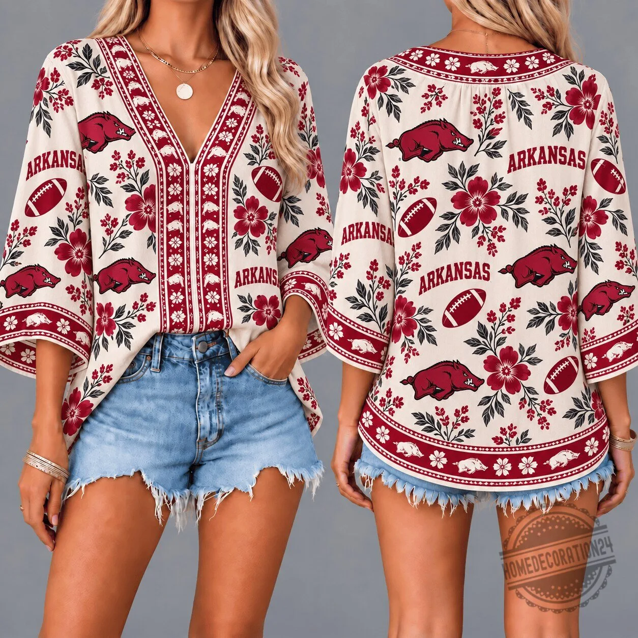 Arkansas Razorbacks Football Floral Boho V-Neck Blouse