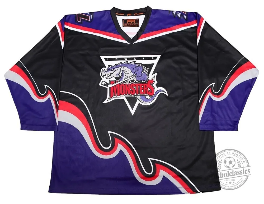 Lowell Lock Monsters Black and Purple Hockey Jersey with Dragon Logo
