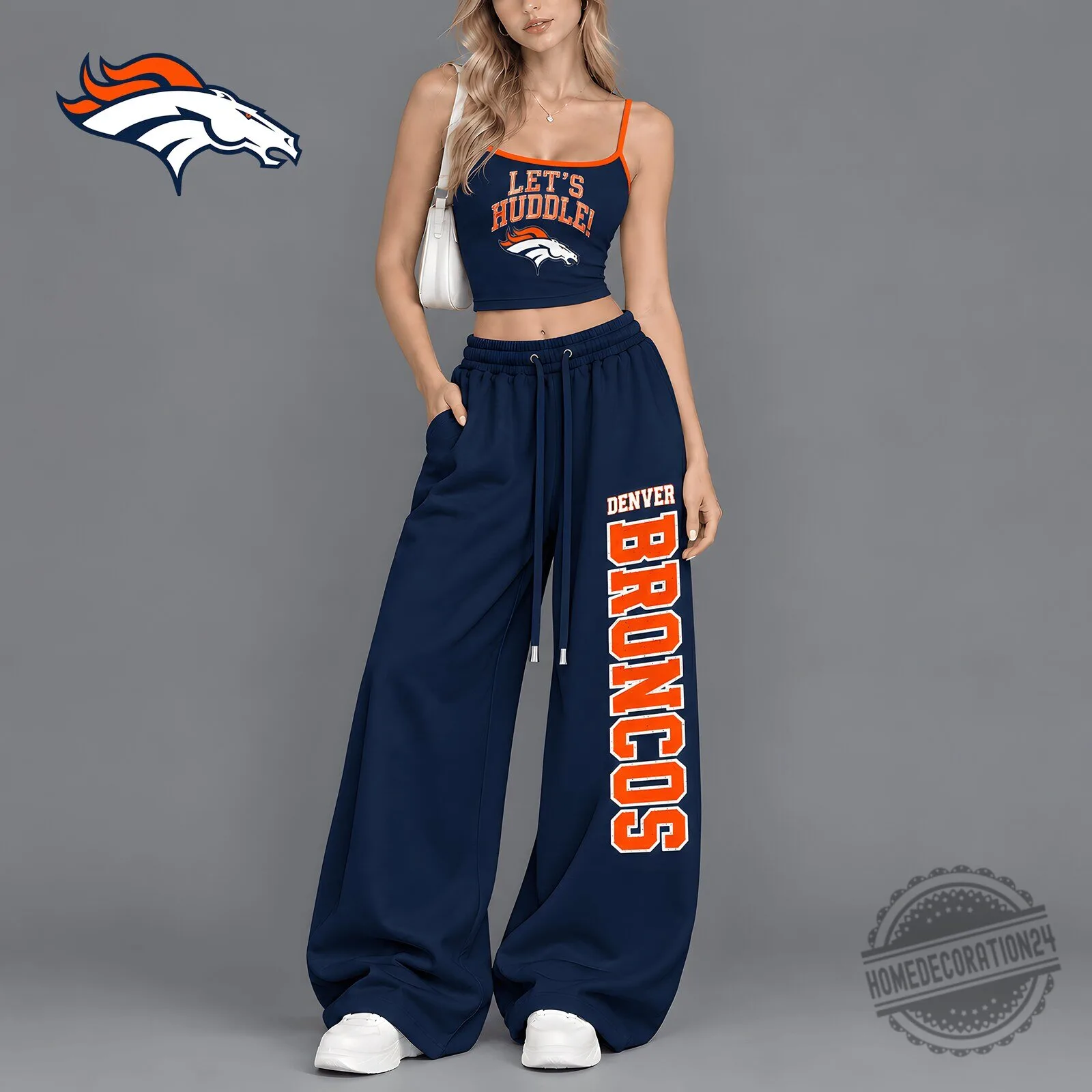Denver Broncos Let's Huddle Women's Crop Top and Wide Leg Sweatpants Set