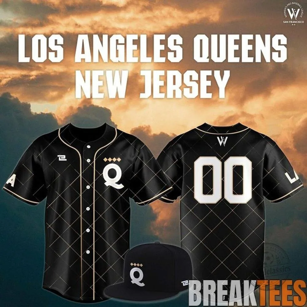 Los Angeles Queens Baseball Jersey Black Gold Diamond Pattern