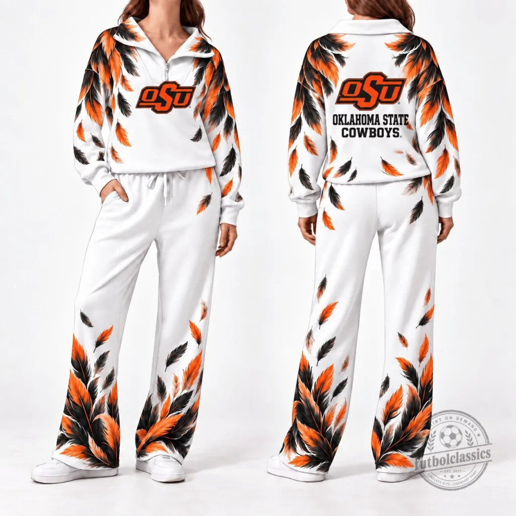 Oklahoma State Cowboys Feather Pattern White Quarter Zip Pullover and Pants Set Oklahoma State Cowboys Feather Pattern White Quarter Zip Pullover and Pants Set