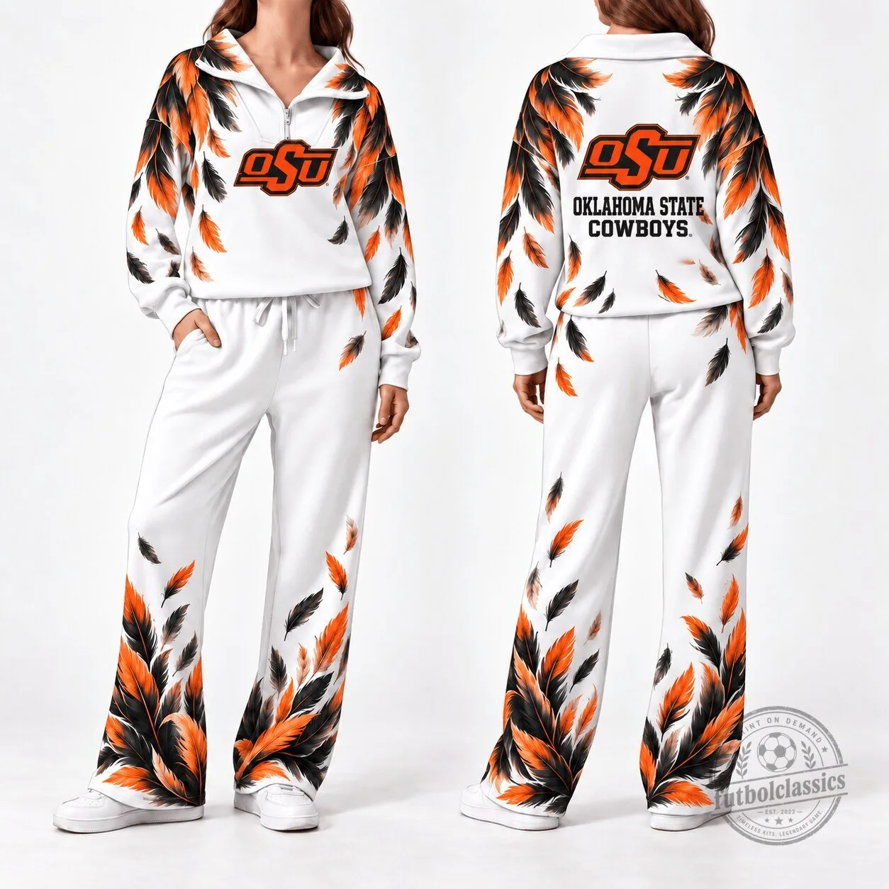 Oklahoma State Cowboys Feather Pattern White Quarter Zip Pullover and Pants Set