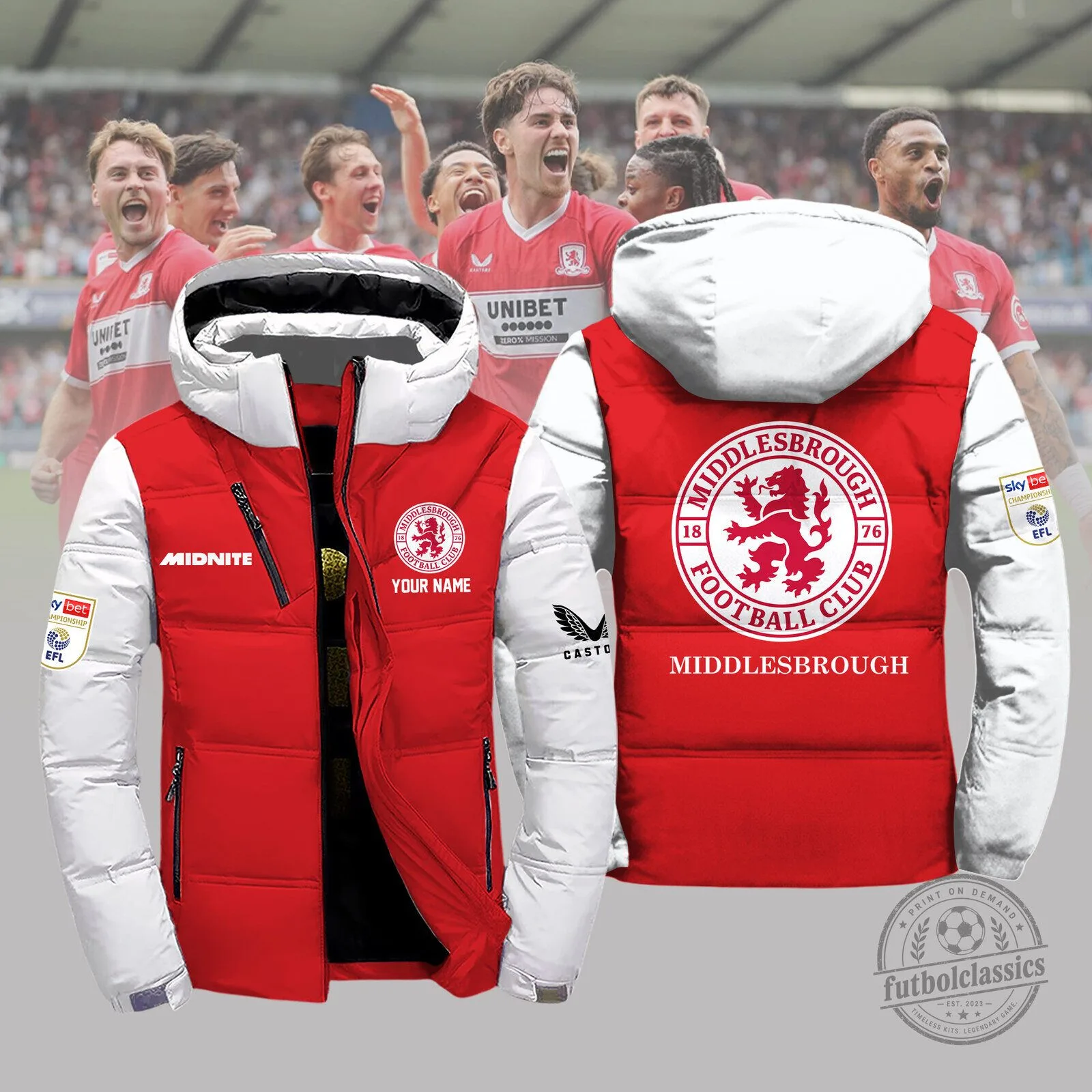 Middlesbrough Football Club Red And White Winter Puffer Jacket