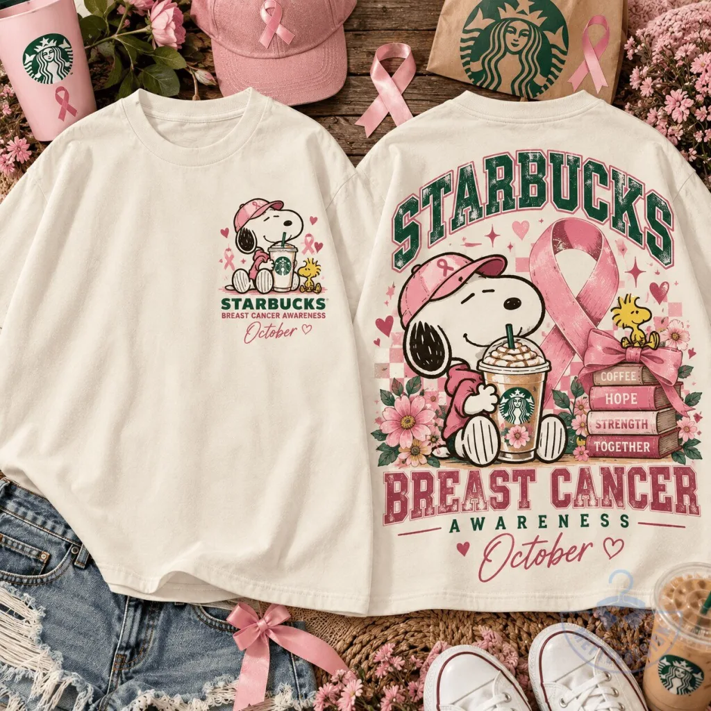 Snoopy and Woodstock Starbucks Breast Cancer Awareness October Pink Ribbon T-Shirt Snoopy and Woodstock Starbucks Breast Cancer Awareness October Pink Ribbon T-Shirt