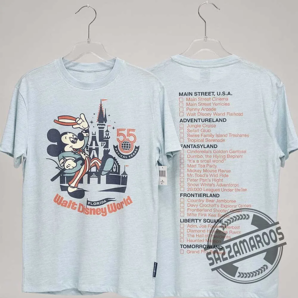 Walt Disney World 55th Anniversary Mickey Mouse Magic Kingdom Opening Day Attractions Checklist T-Shirt
