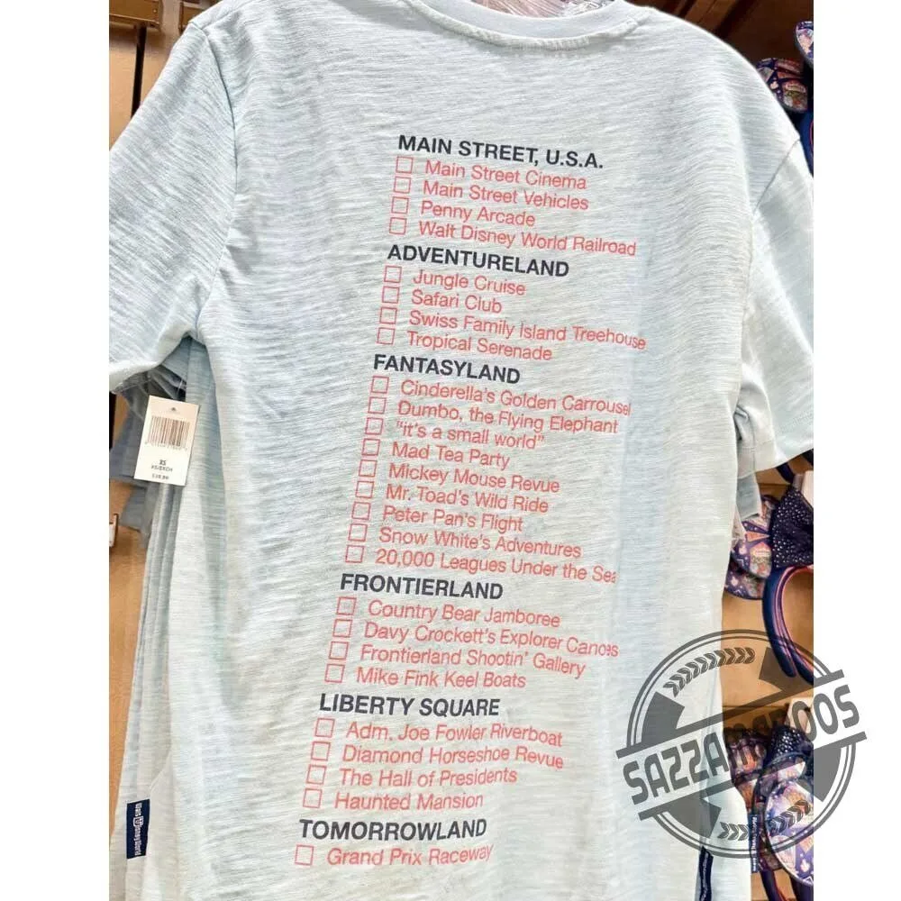 Walt Disney World 55th Anniversary Mickey Mouse Magic Kingdom Opening Day Attractions Checklist T-Shirt 6 Walt Disney World 55th Anniversary Mickey Mouse Magic Kingdom Opening Day Attractions Checklist T-Shirt