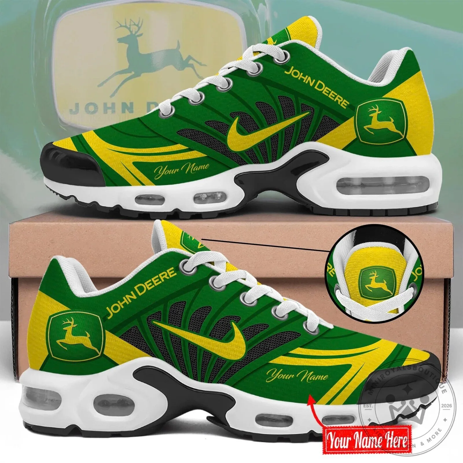 John Deere Green and Yellow Personalized Air Cushion Running Shoes