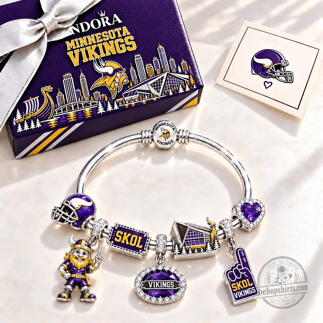 Silver Charm Bracelet Set Featuring the Minnesota Vikings Football