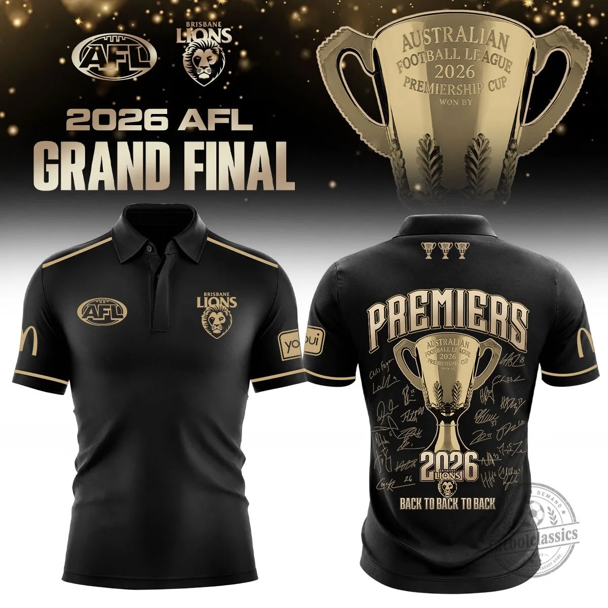 Brisbane Lions 2026 AFL Grand Final Premiers Black and Gold Polo Shirt