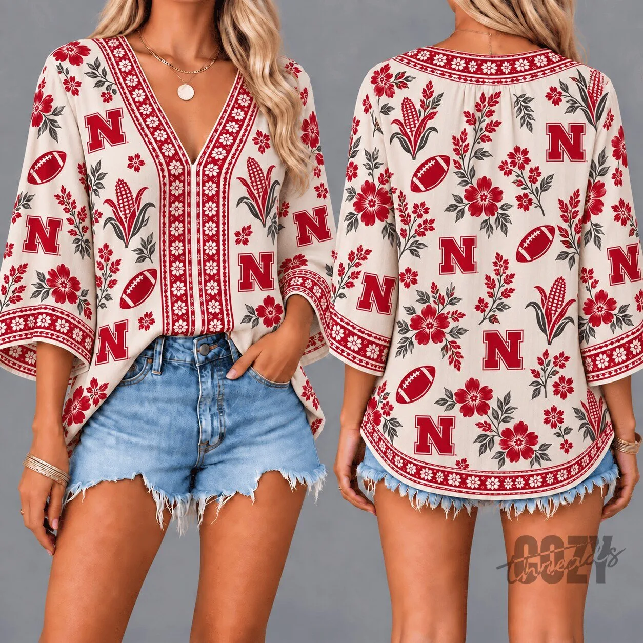 Nebraska Cornhuskers Floral Boho V-Neck Blouse with Football Design