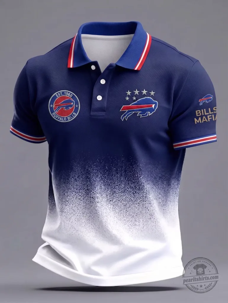 Buffalo Bills Football Team Blue and White Gradient Polo Shirt