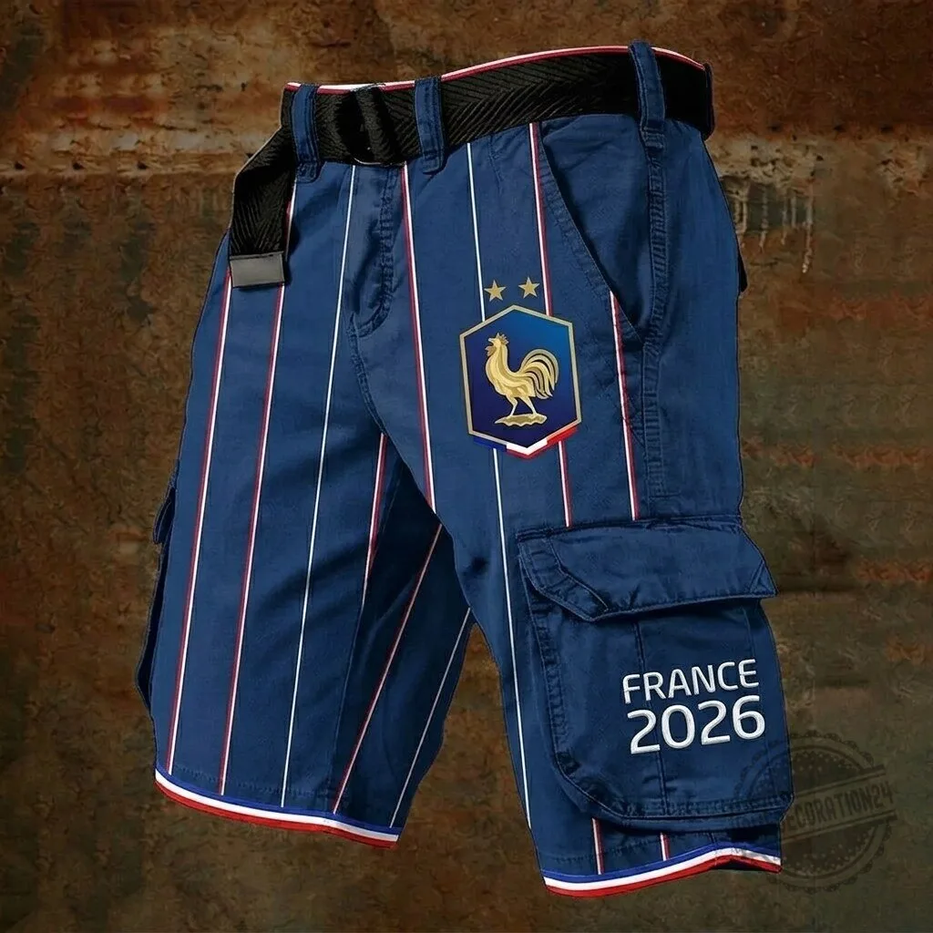 France Football Team Cargo Shorts with Rooster Emblem and Stripes