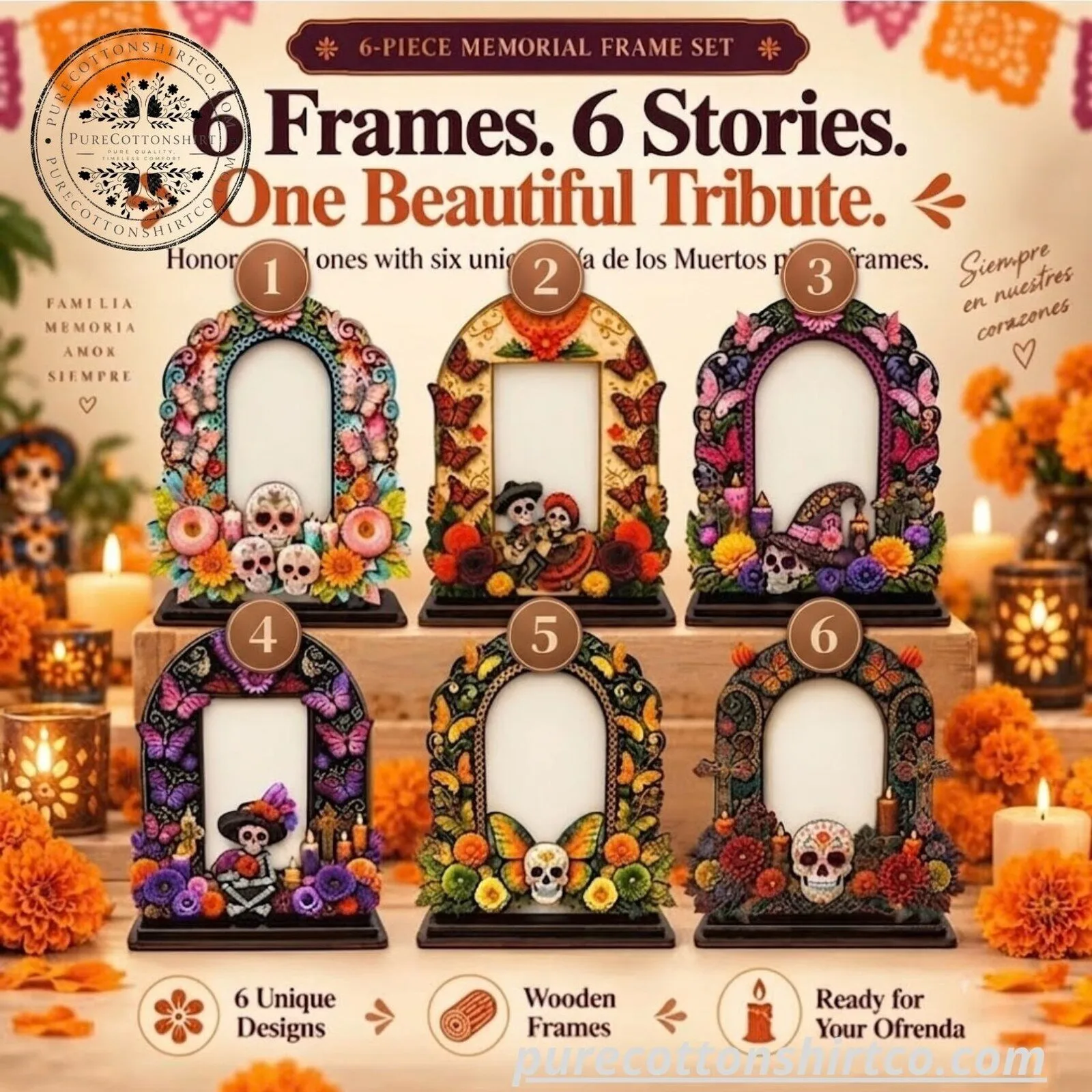 DAY OF THE DEAD DECOR 6 Wooden Memorial Photo Frames – Colorful Ofrenda Picture Frame Set with Floral Details