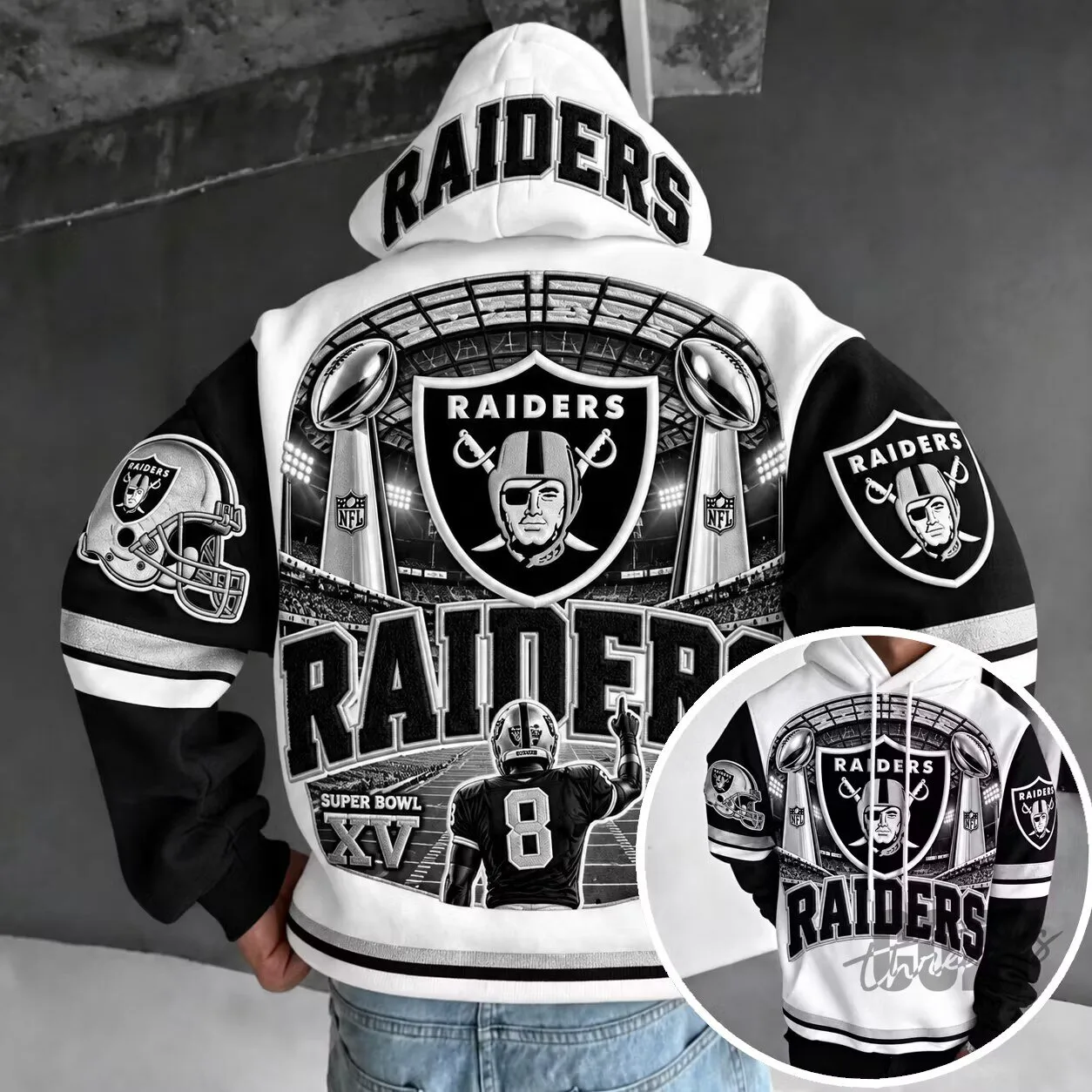 Las Vegas Raiders Super Bowl XV Football Stadium White Hoodie 1 Las Vegas Raiders Super Bowl XV Football Stadium White Hoodie