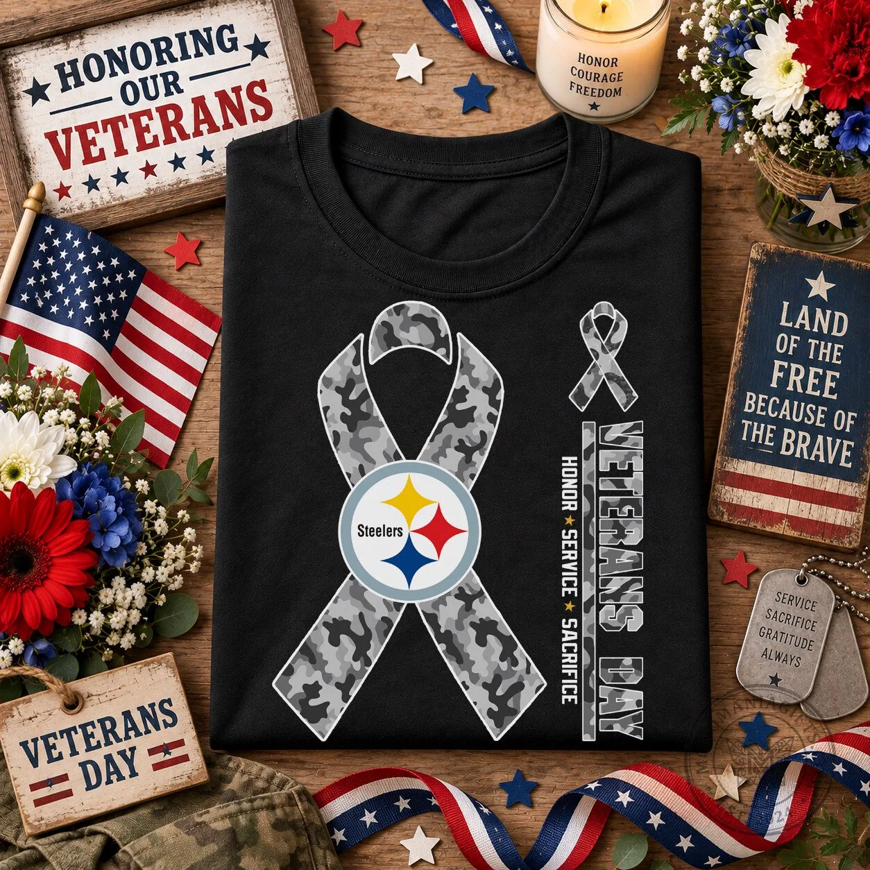 Pittsburgh Steelers Veterans Day Camouflage Ribbon Honor Service Sacrifice T-Shirt