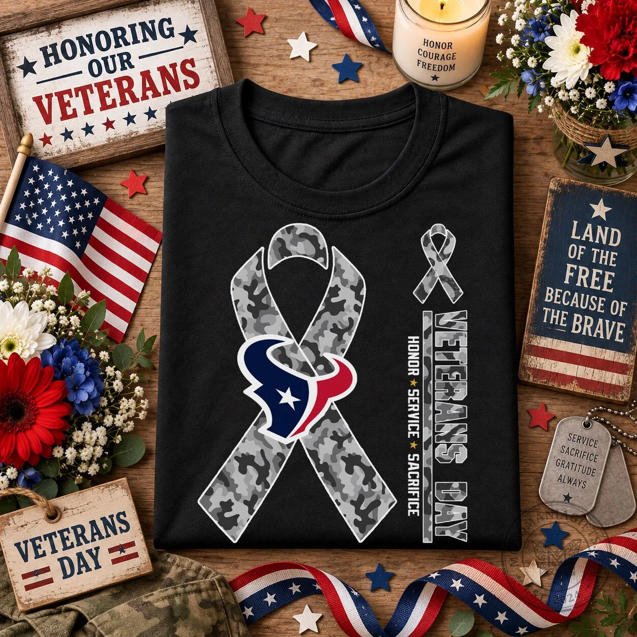 Houston Texans Veterans Day Camouflage Ribbon Honor Service Sacrifice T-Shirt