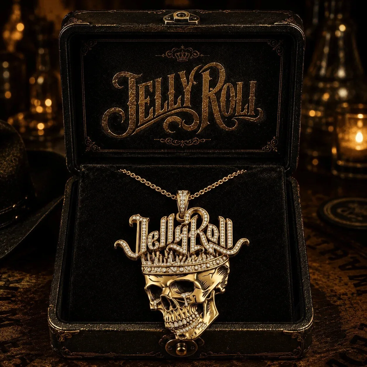 Jelly Roll Skull Crown Gold Diamond Pendant Necklace