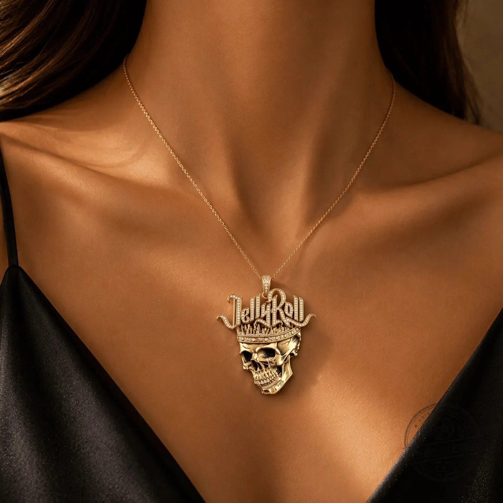 Jelly Roll Skull Crown Gold Diamond Pendant Necklace 4 Jelly Roll Skull Crown Gold Diamond Pendant Necklace