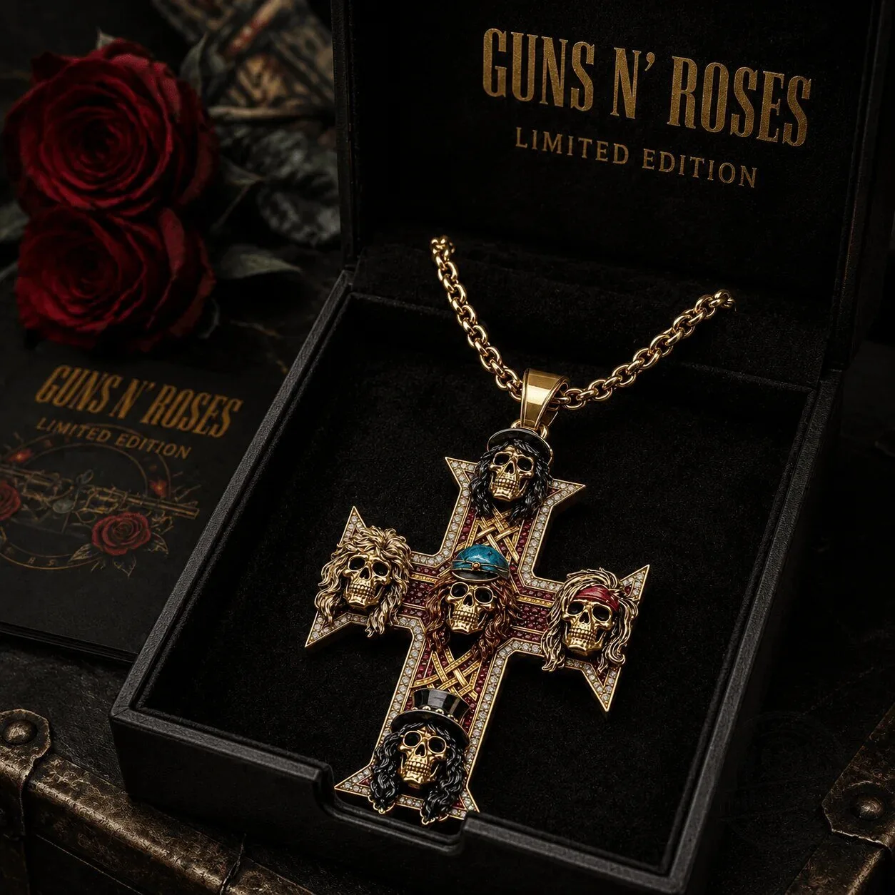 Guns N' Roses Gold Cross Pendant Necklace with Skulls and Diamonds