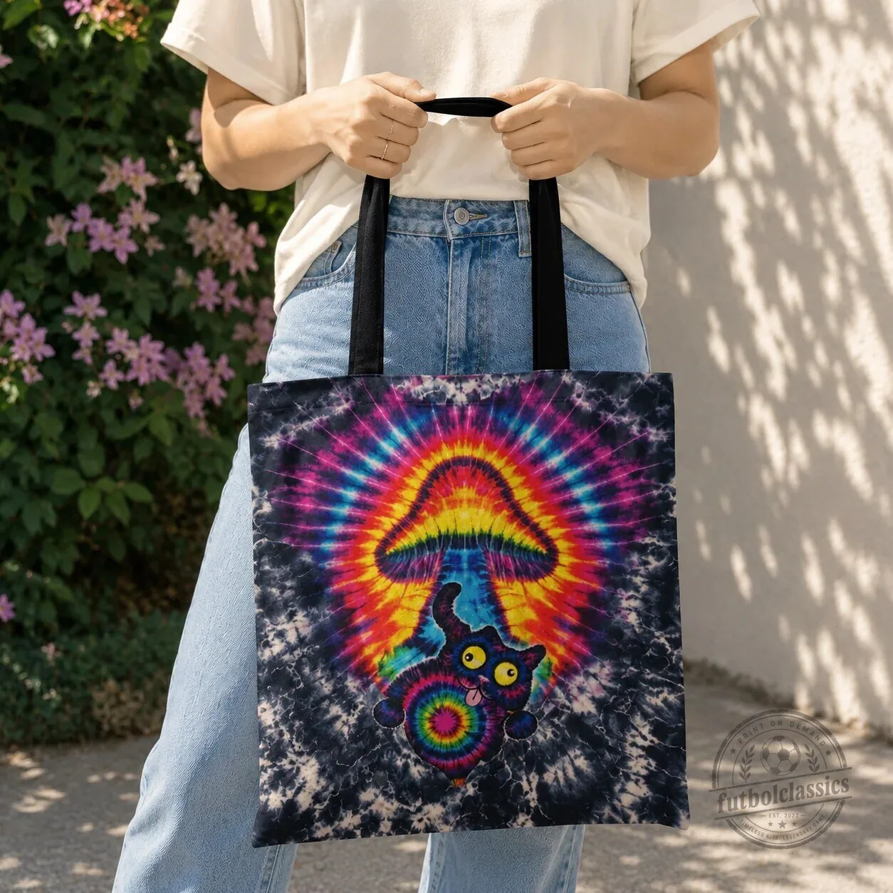 Psychedelic Cat Mushroom Tie Dye Black Tote Bag