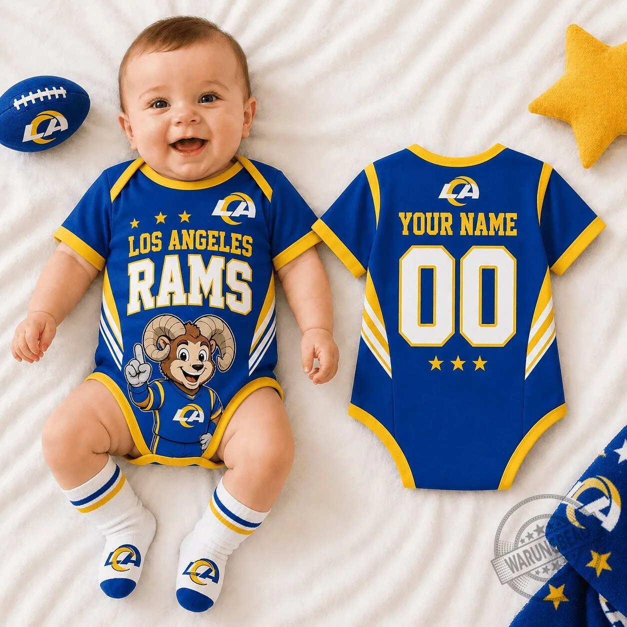 Los Angeles Rams Baby Romper with Custom Name and Number