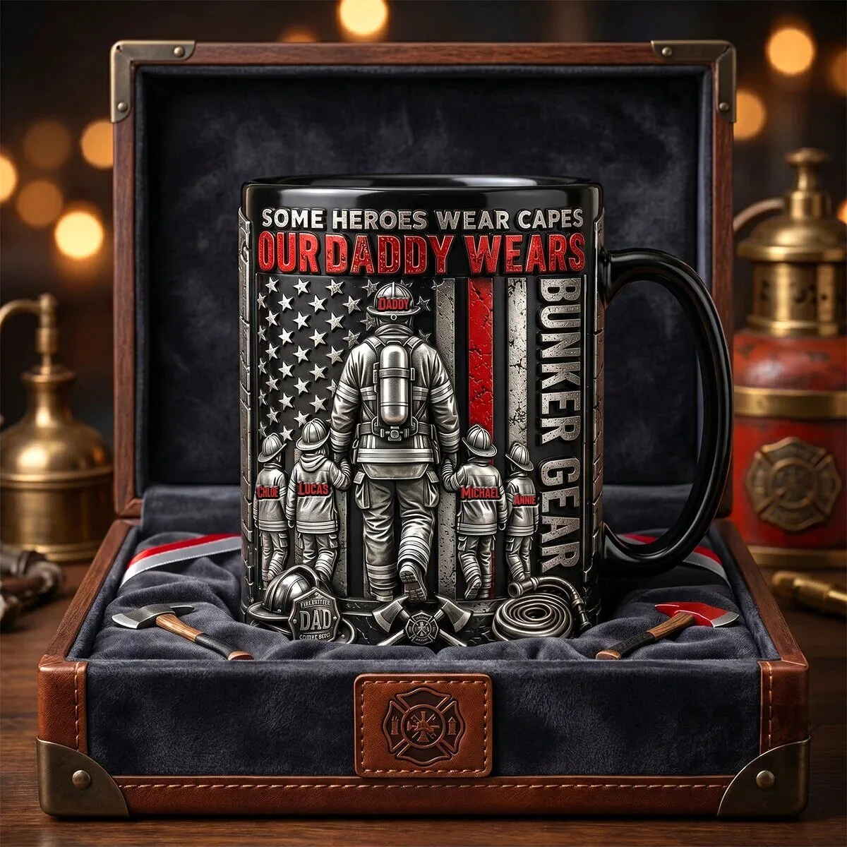 Firefighter Daddy Heroes Wear Bunker Gear American Flag Coffee Mug