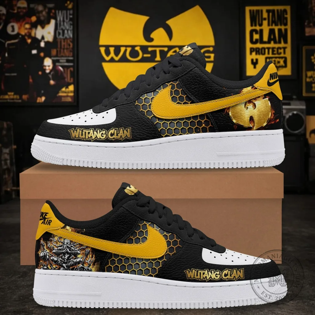 Wu-Tang Clan Protect Ya Neck Hip Hop Music Group Black and Gold Sneakers Wu-Tang Clan Protect Ya Neck Hip Hop Music Group Black and Gold Sneakers