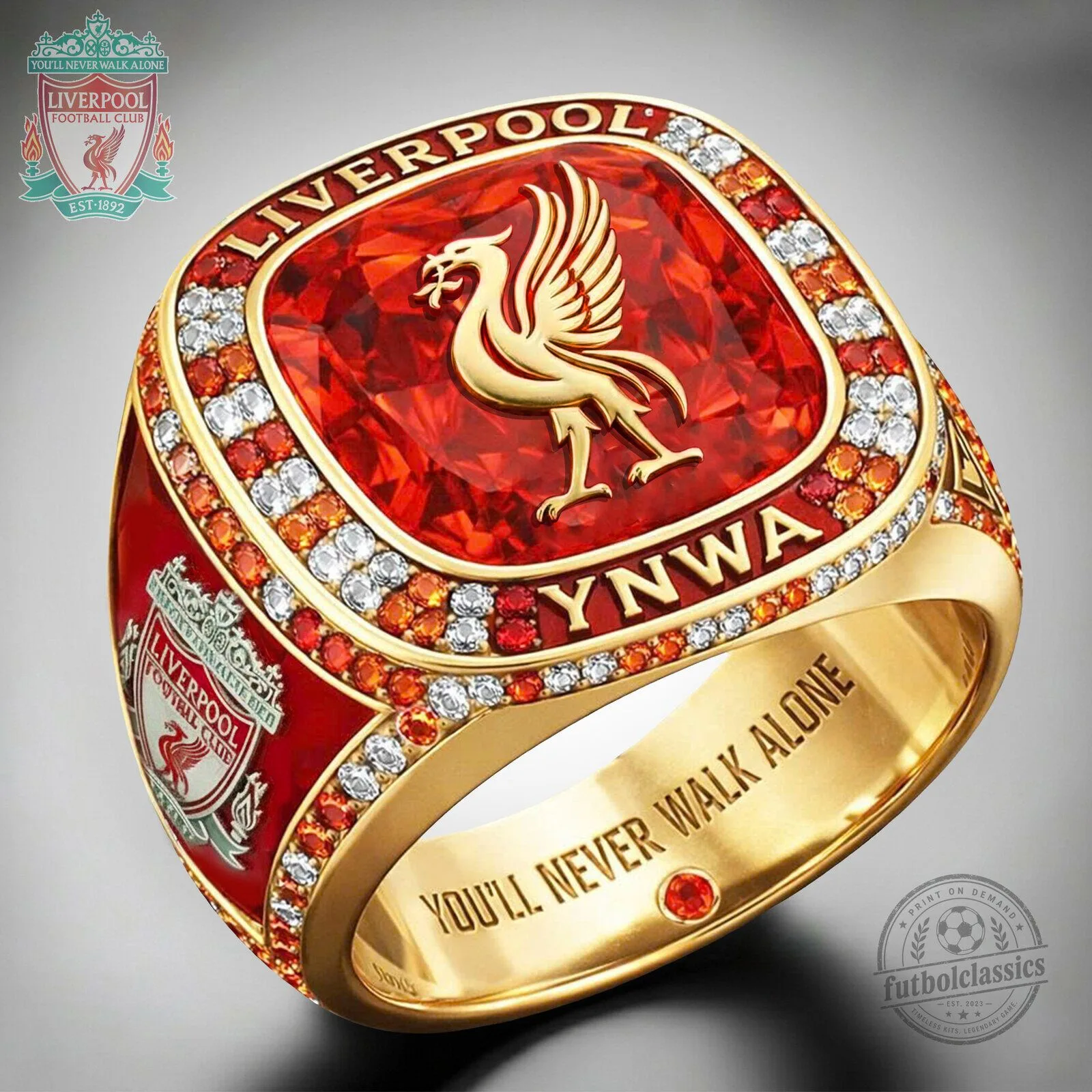 Liverpool Football Club You'll Never Walk Alone Gold and Red Gemstone Ring
