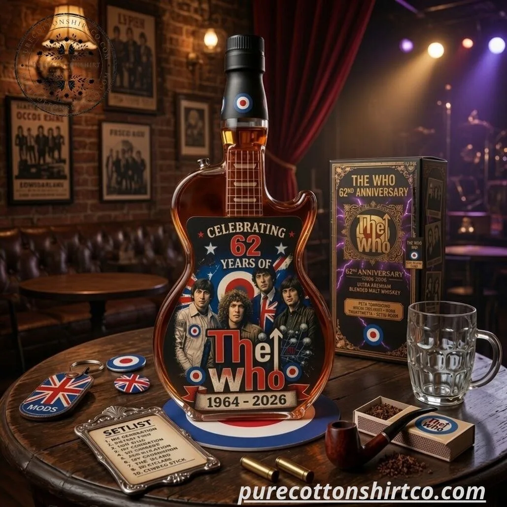 The Who 62nd Anniversary Guitar Shaped Whiskey Bottle – Commemorative Rock Band Bottle Set