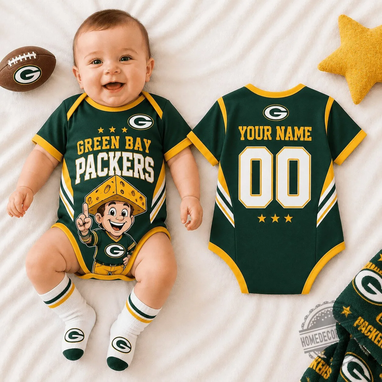 Green Bay Packers Cute Mascot Baby Romper Custom Name and Number