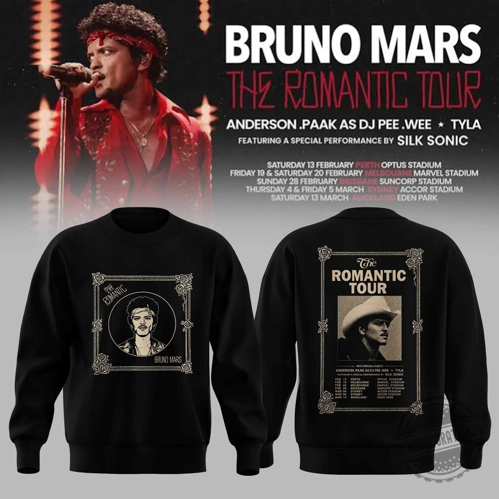 Bruno Mars The Romantic Tour 2024 Concert Dates Black Crewneck Sweatshirt