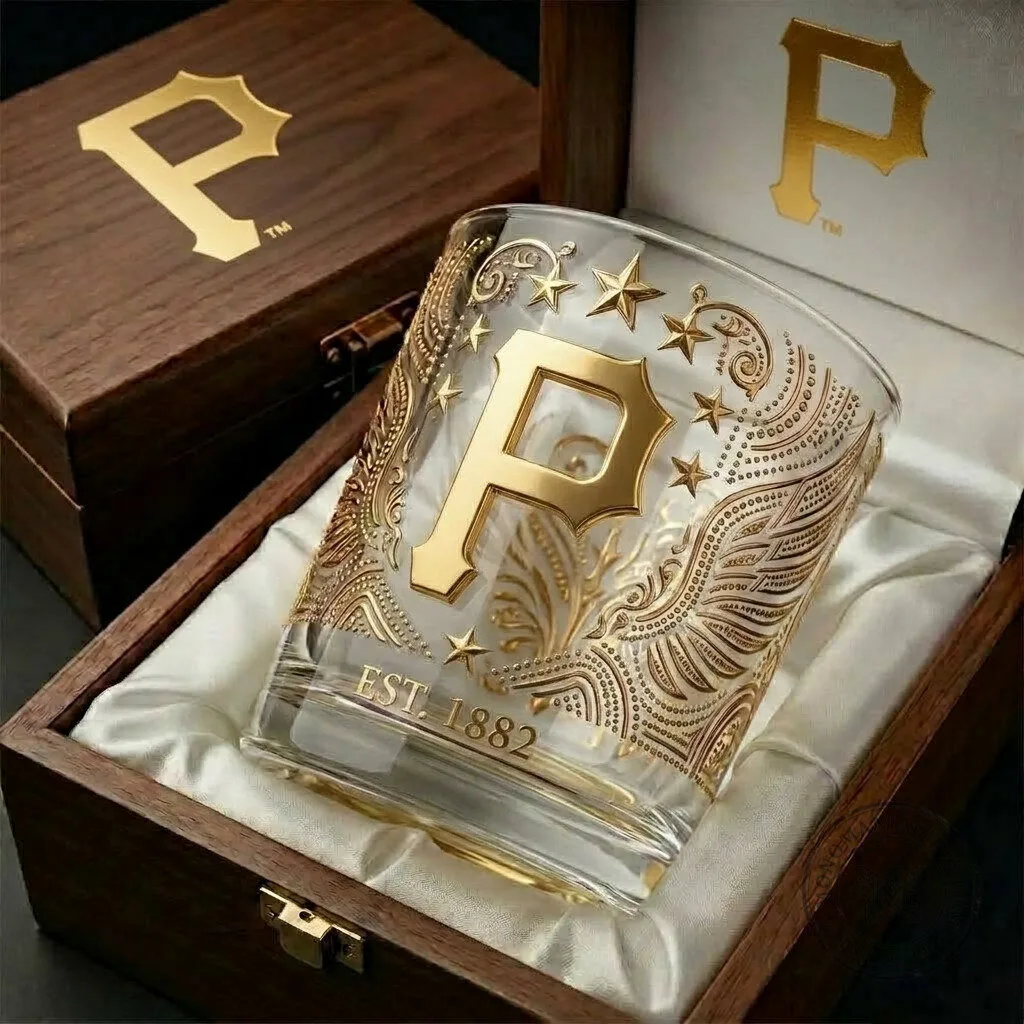 Pittsburgh Pirates Baseball Team Gold Edition Whiskey Glass with Wooden Gift Box