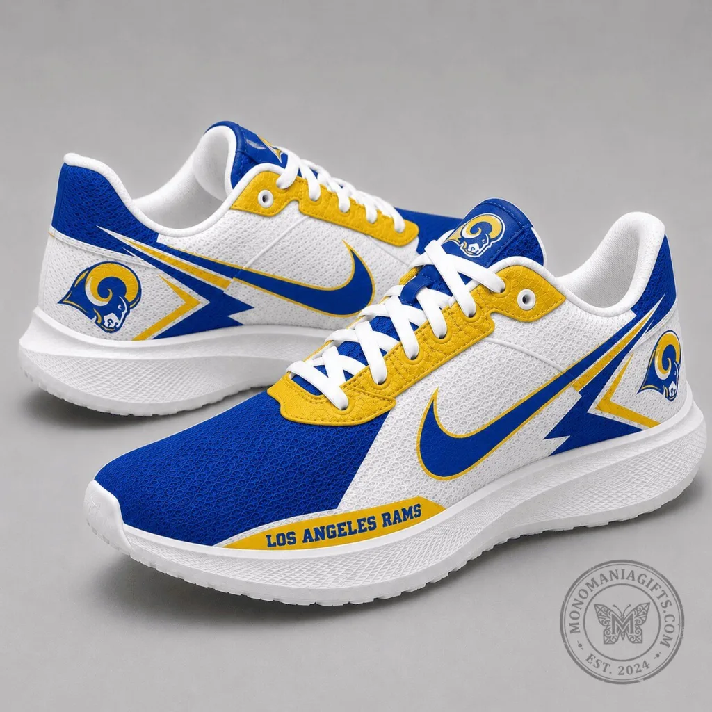 Los Angeles Rams Team Logo White Blue Yellow Athletic Running Shoes Los Angeles Rams Team Logo White Blue Yellow Athletic Running Shoes