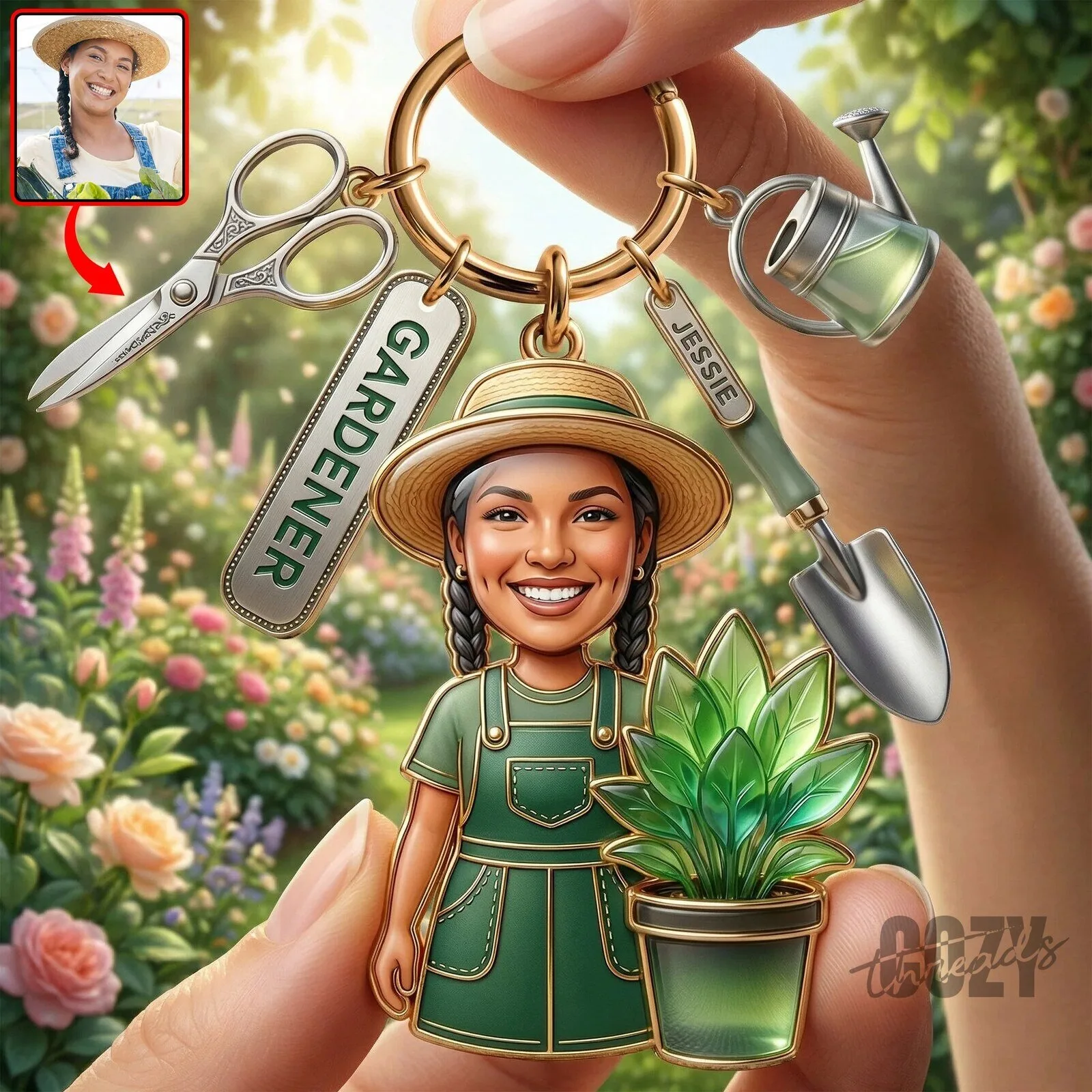 Personalized Gardener Cartoon Portrait Keychain with Charms, Custom Photo Gift
