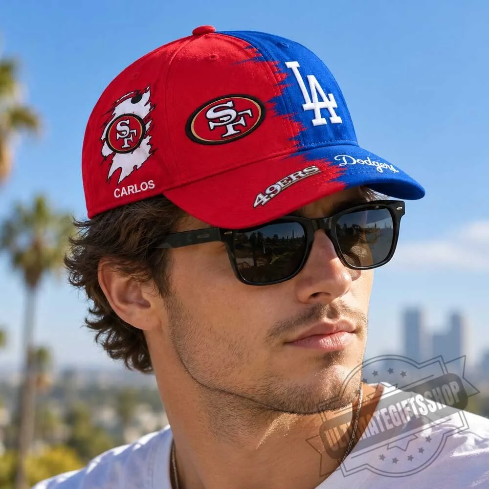 San Francisco 49ers x Los Angeles Dodgers Split Baseball Cap Hat 5 San Francisco 49ers x Los Angeles Dodgers Split Baseball Cap Hat